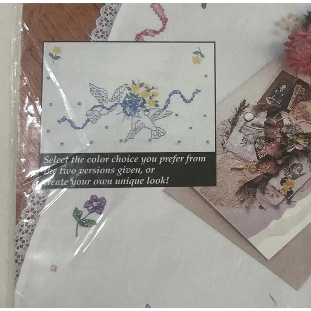 Vtg Bucilla Stamped Cross stitch Kit 64450 Dresser Scarf Doily Runner Doves‎ NWT